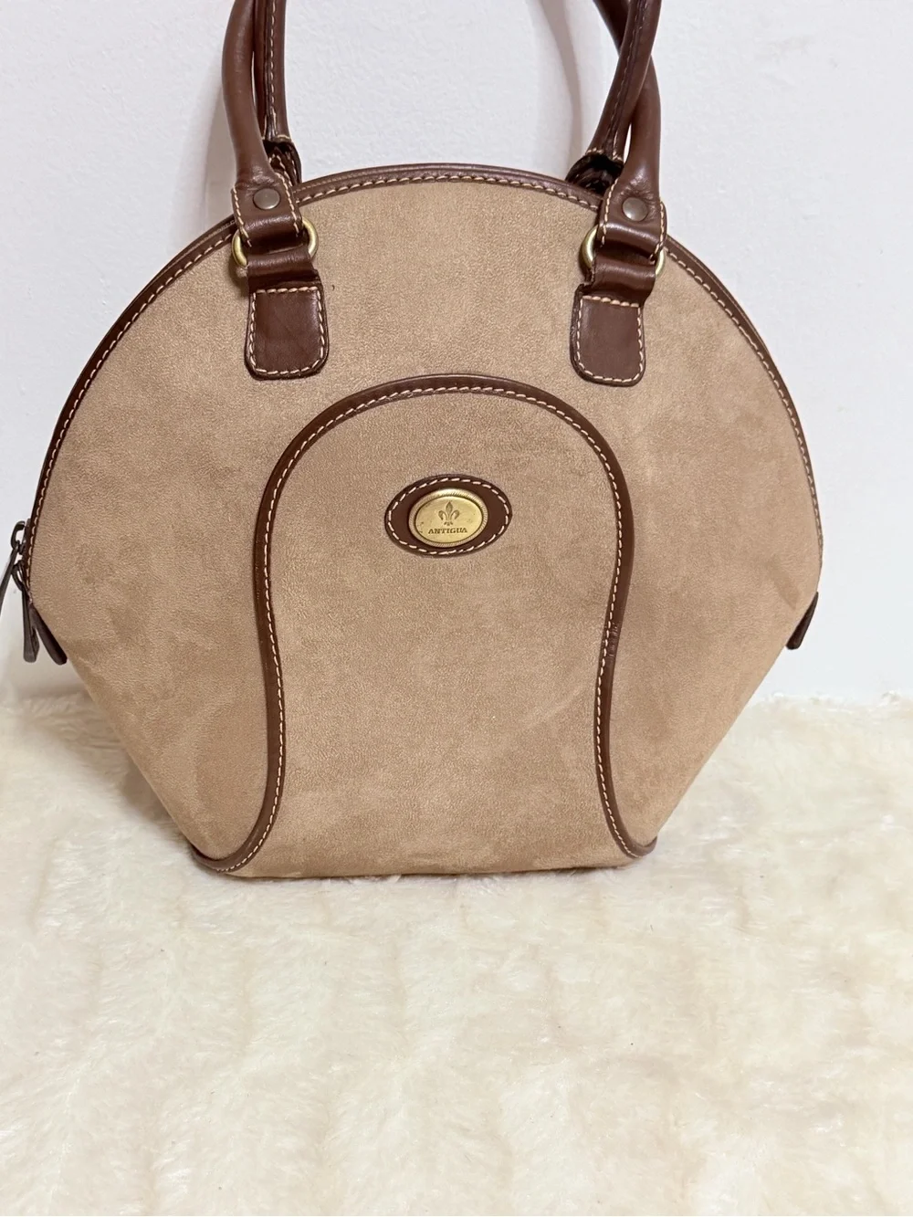 Antigua Beige Suede Dome Handbag with Brown Trim - Classic Women’s Bag